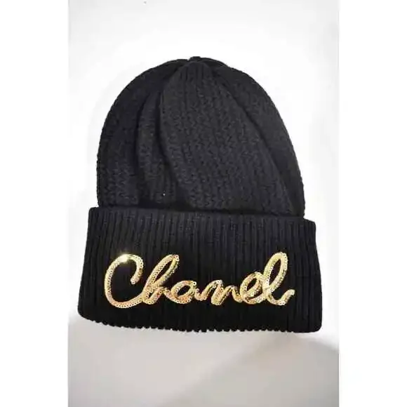 Chanel 22A Cashmere Black Gold Sequin CC Logo Beanie Winter Hat Cap Cloche - Picture 4 of 12